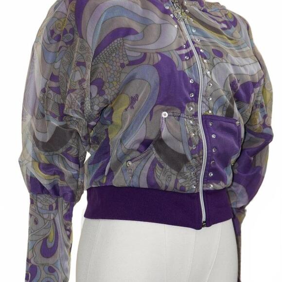 Y2K Apple Bottoms Psychedelic Sheer Cropped Zip-Up Hoodie with Rhinestones US M - Picture 8 of 8